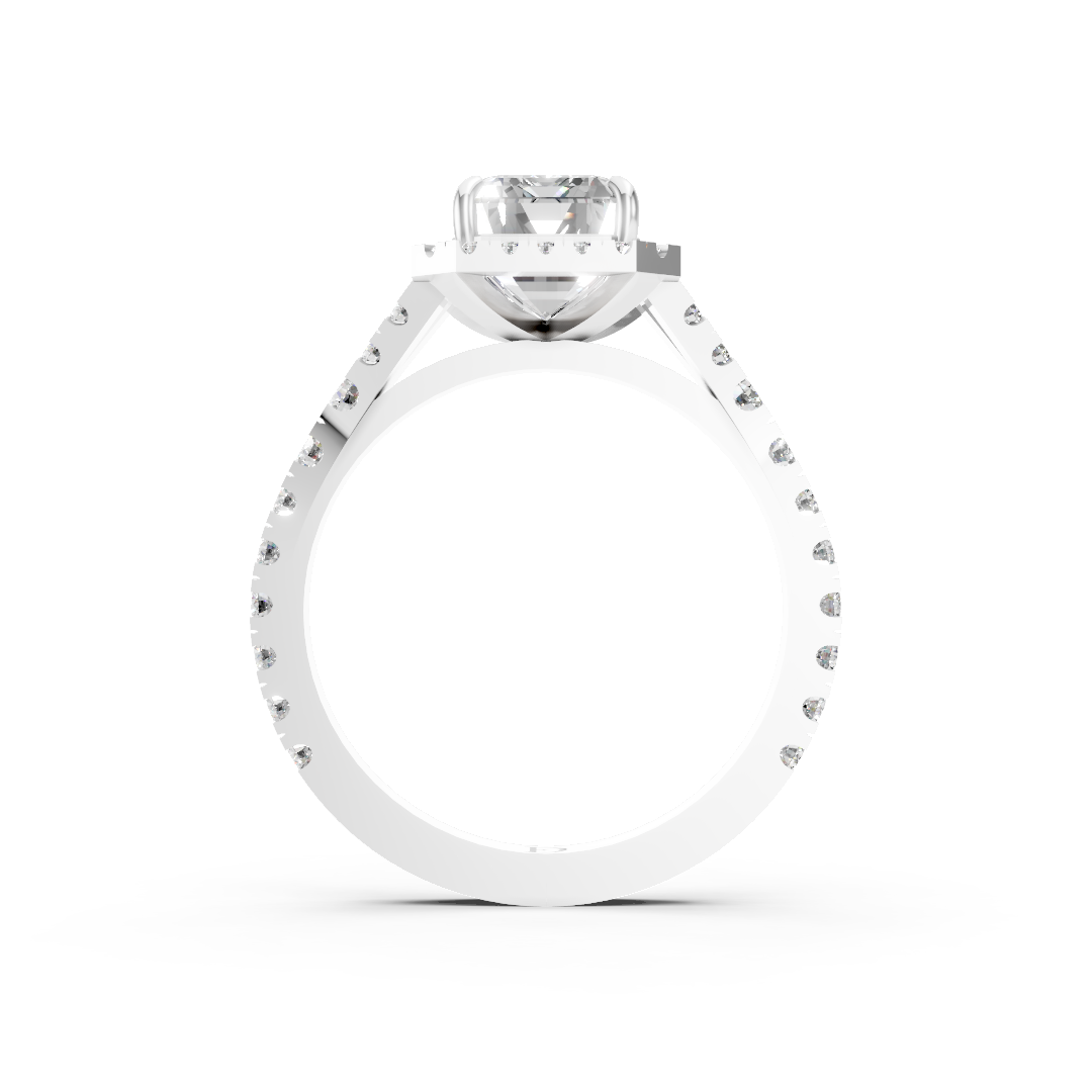 Emerald Cut Halo & V-Split Shank Pavé Diamond Ring