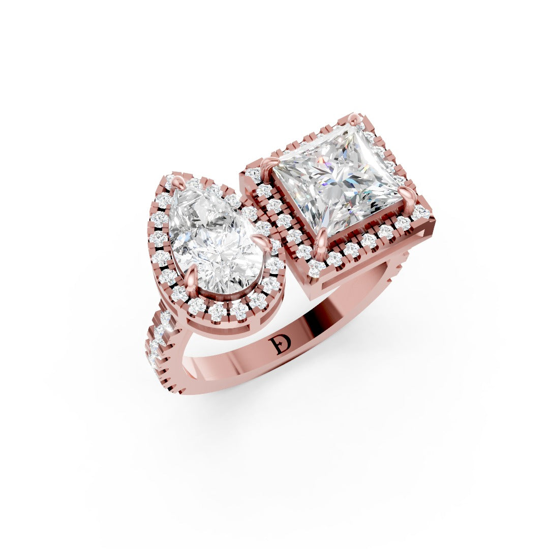 You And Me Pear And Princess Diamond Cathedral Shank Ring