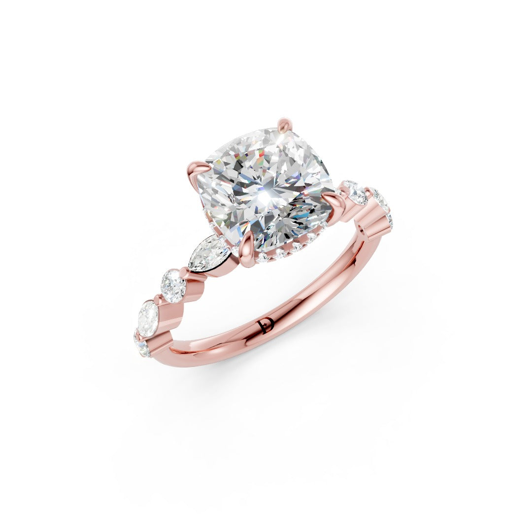 Cushion Cut Diamond Alternating Round And Marquise Engagement Ring