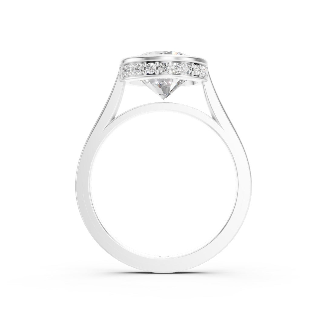 Bezel Set Round Brilliant Solitaire Diamond Hidden Halo Engagement Ring