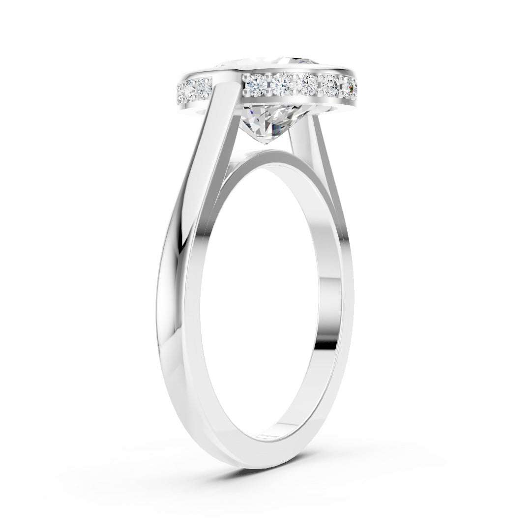 Bezel Set Oval Brilliant Solitaire Diamond Hidden Halo Engagement Ring