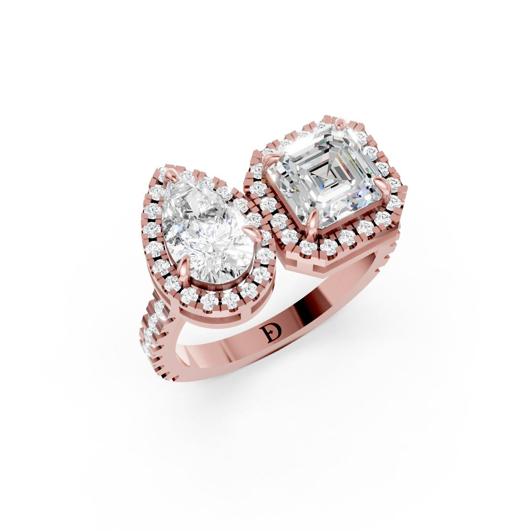 You And Me Pear And Asscher Diamond Cathedral Shank Ring