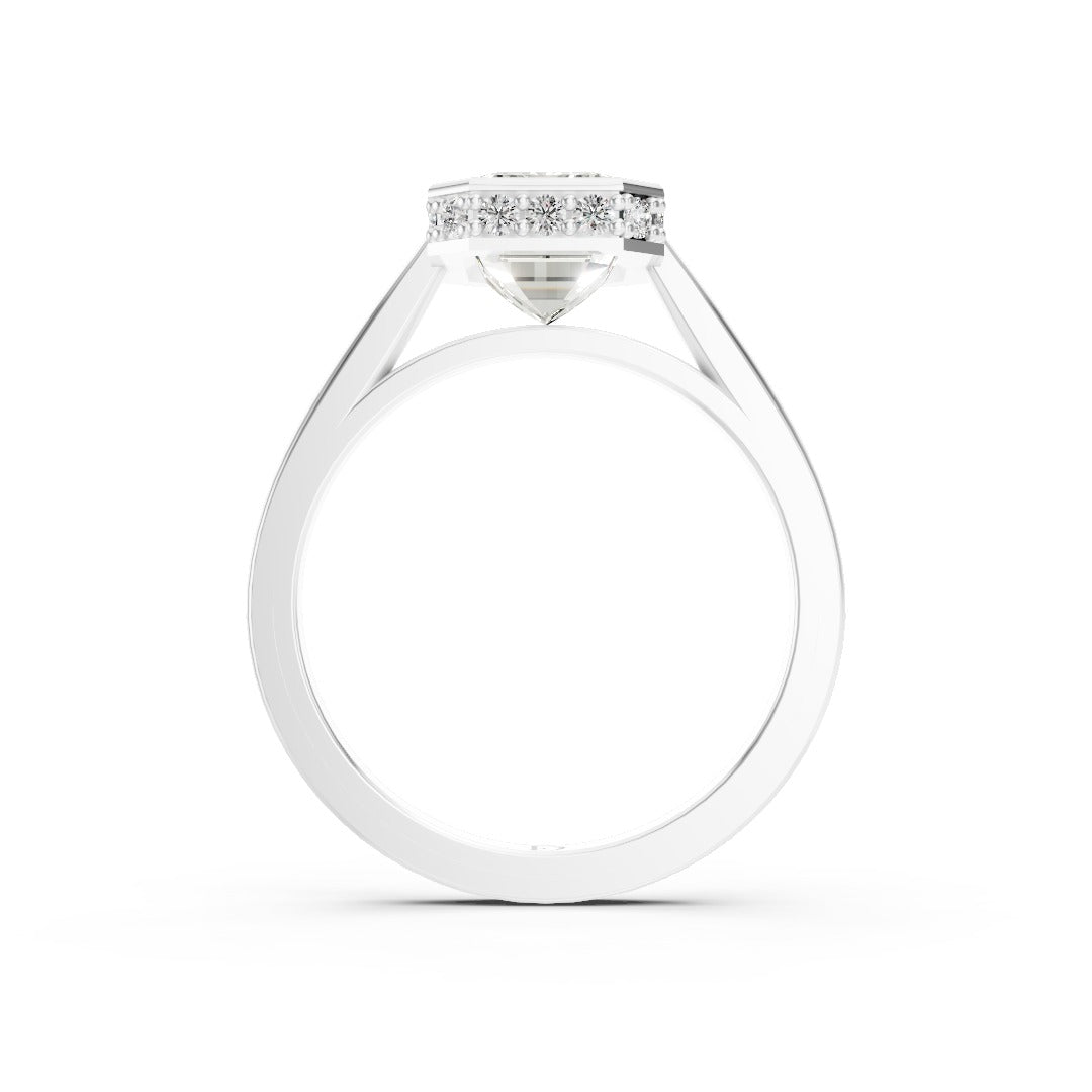 Bezel Set Emerald Brilliant Solitaire Diamond Hidden Halo Engagement Ring