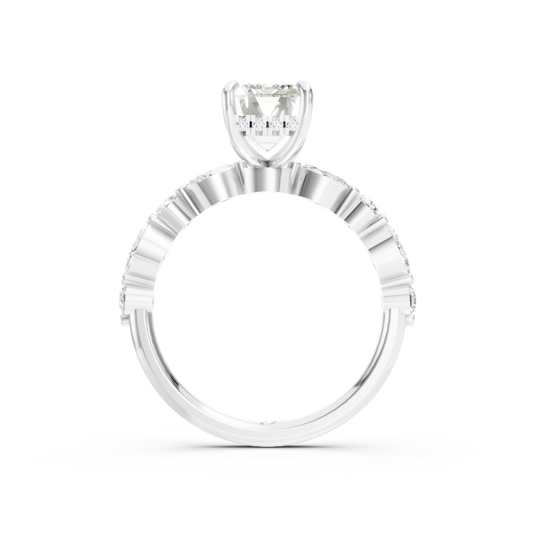 Emerald Cut Diamond Alternating Round And Marquise Engagement Ring