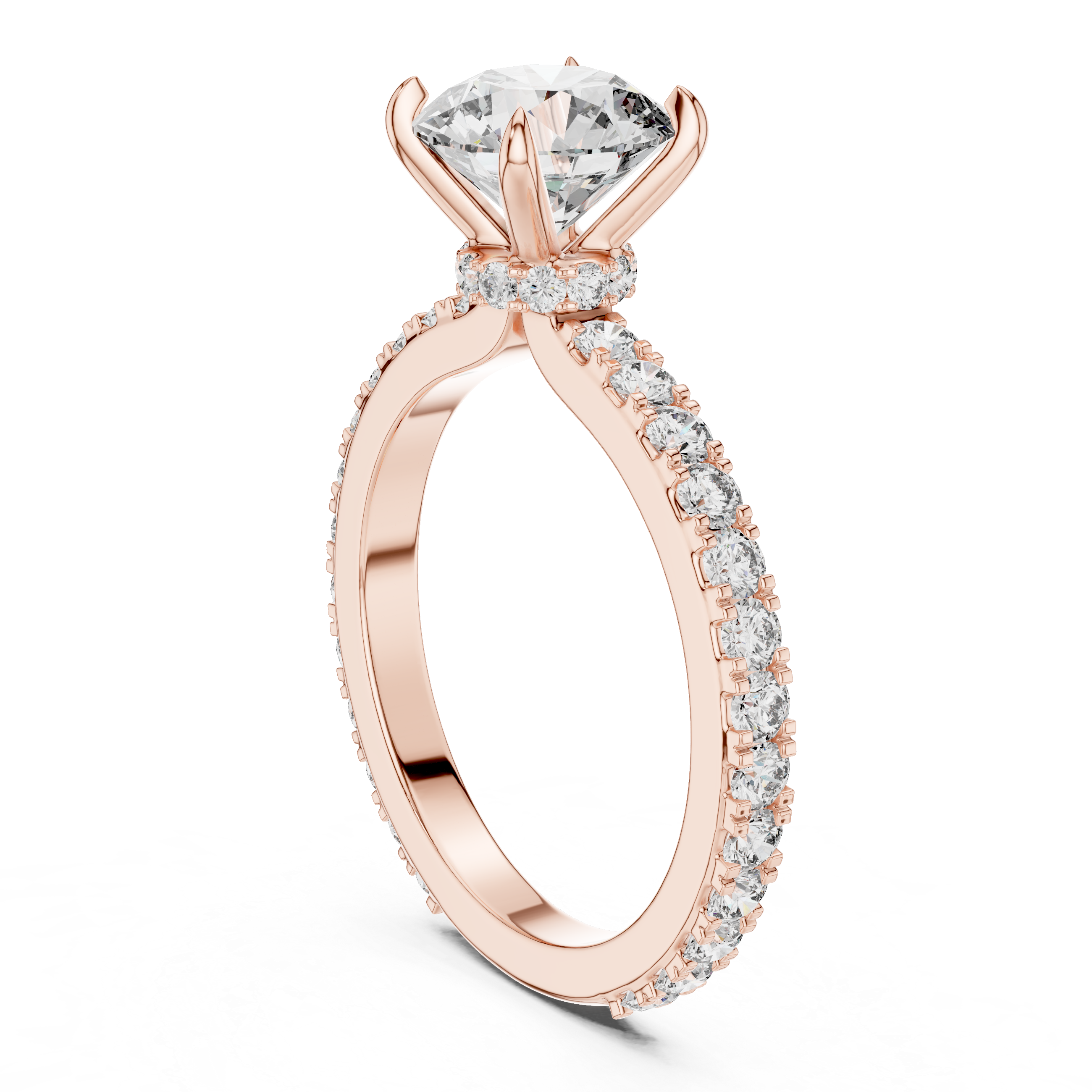 Round Cut Diamond Engagement Ring With Hidden Halo And Pave Band