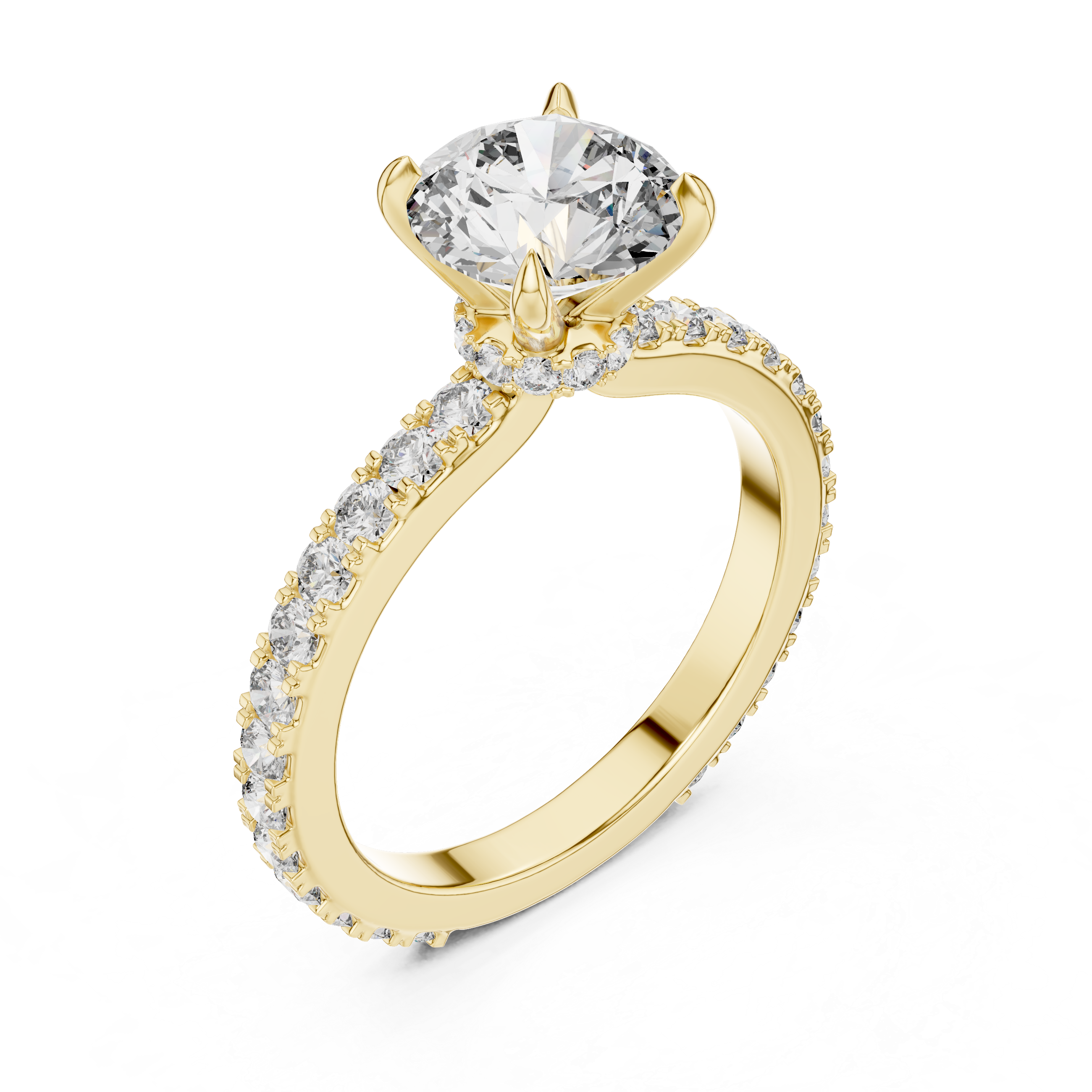 Round Cut Diamond Engagement Ring With Hidden Halo And Pave Band