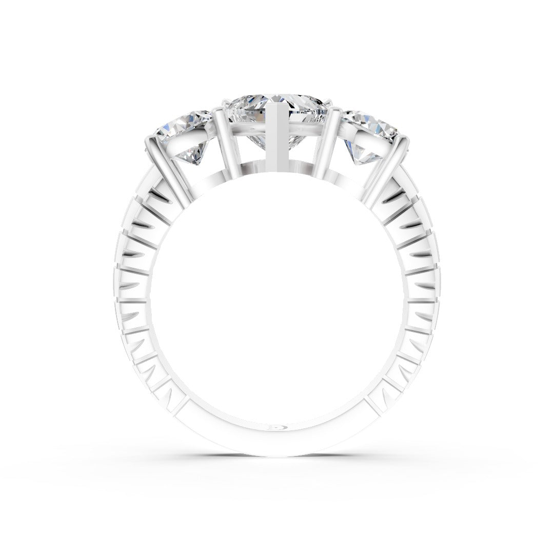 Heart Cut Three-Stone With Ribbed Textured Band Ring