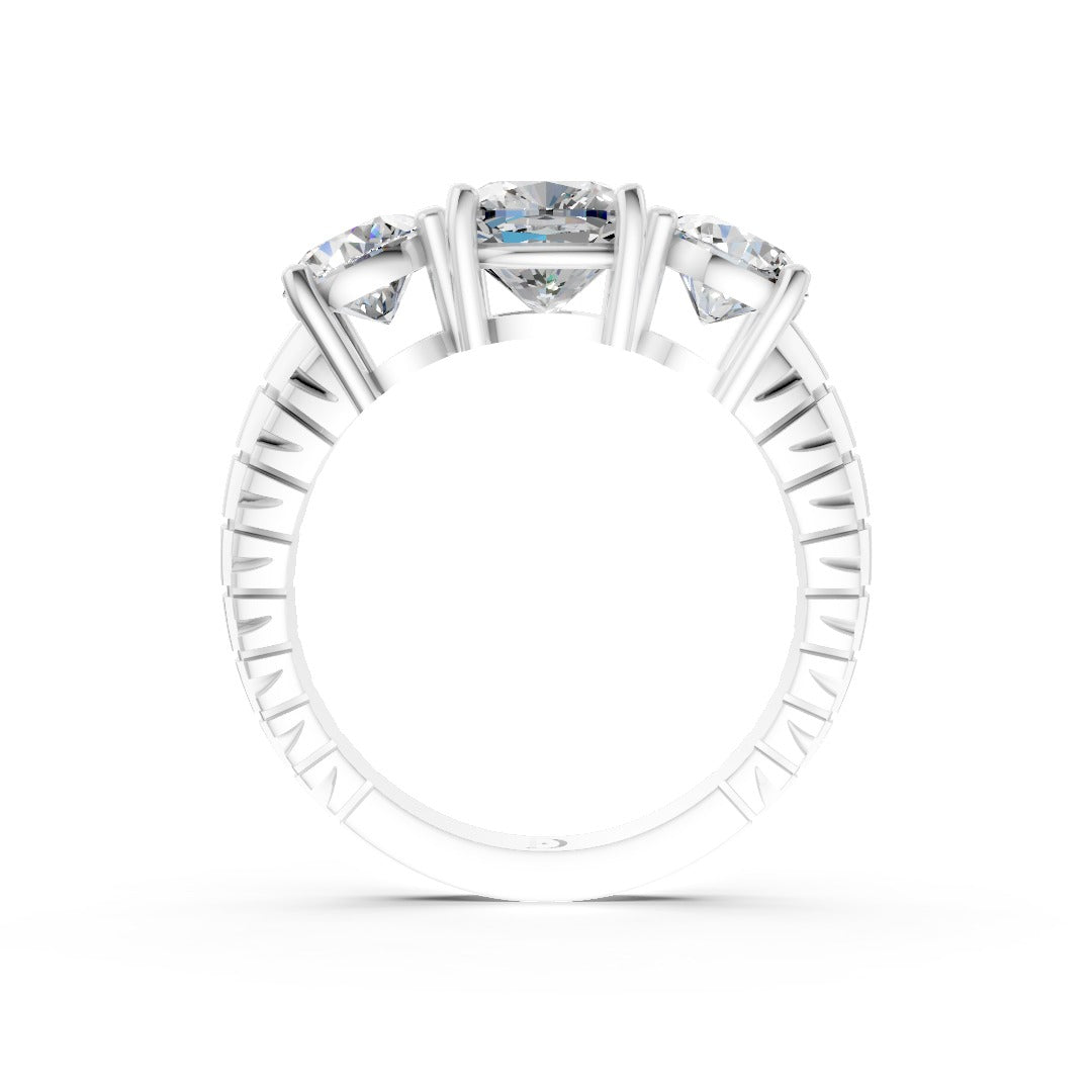 Cushion Cut Three-Stone With Ribbed Textured Band Ring