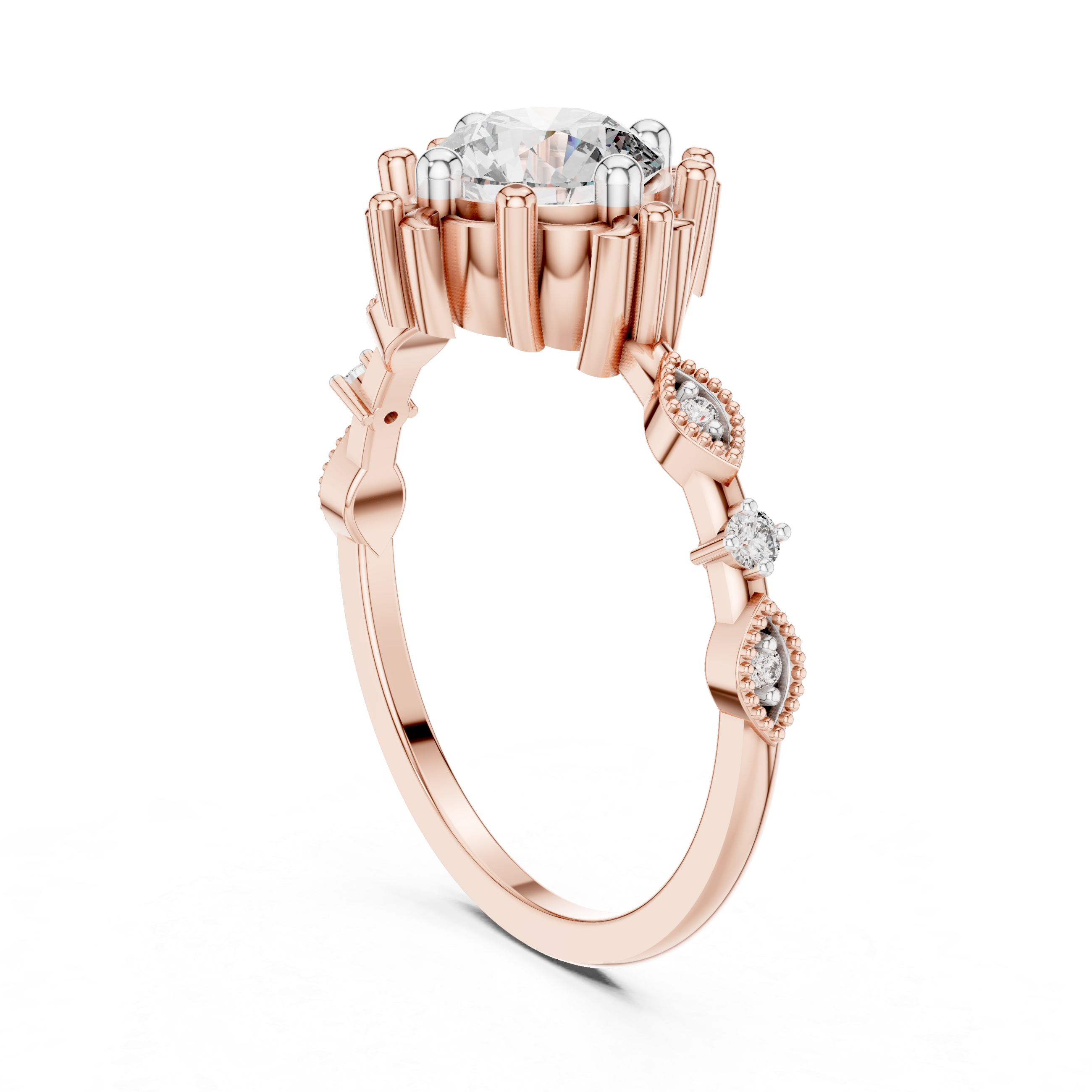 Vintage Inspired Round Cut Diamond Ring with Milgrain Marquise Band