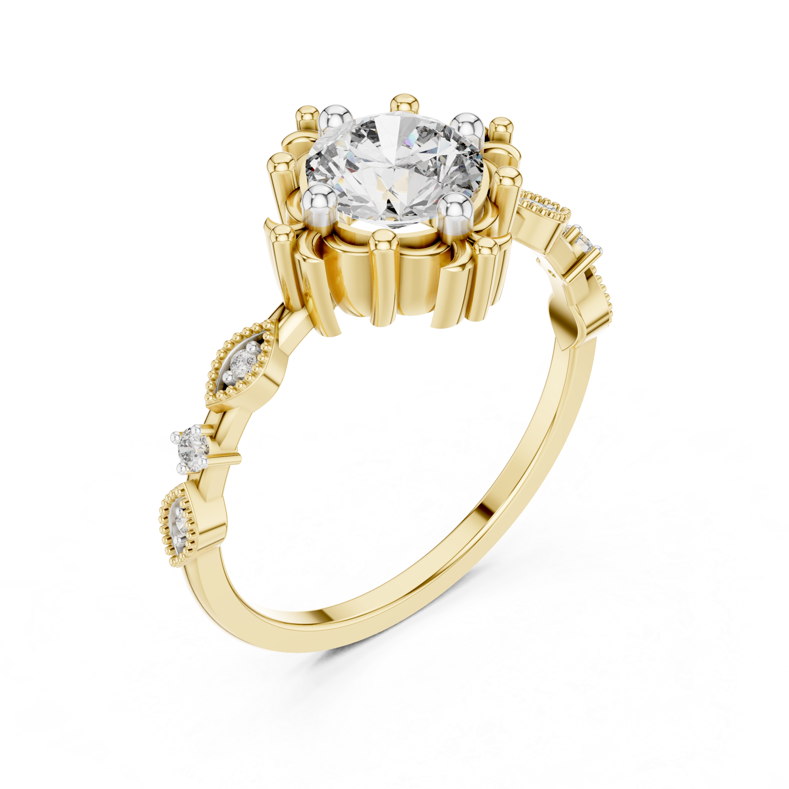 Vintage Inspired Round Cut Diamond Ring with Milgrain Marquise Band