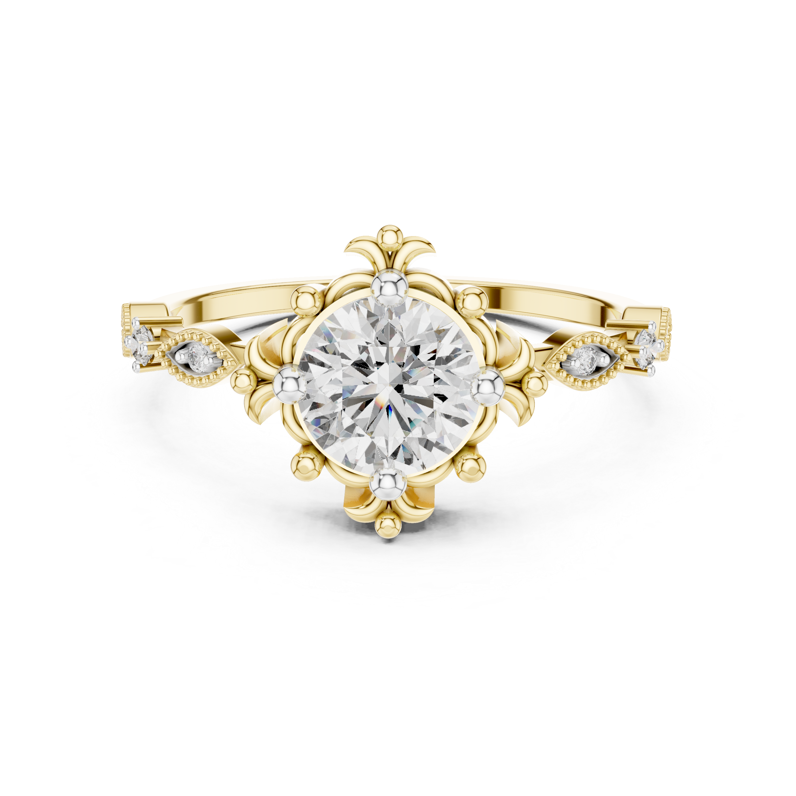 Vintage Inspired Round Cut Diamond Ring with Milgrain Marquise Band