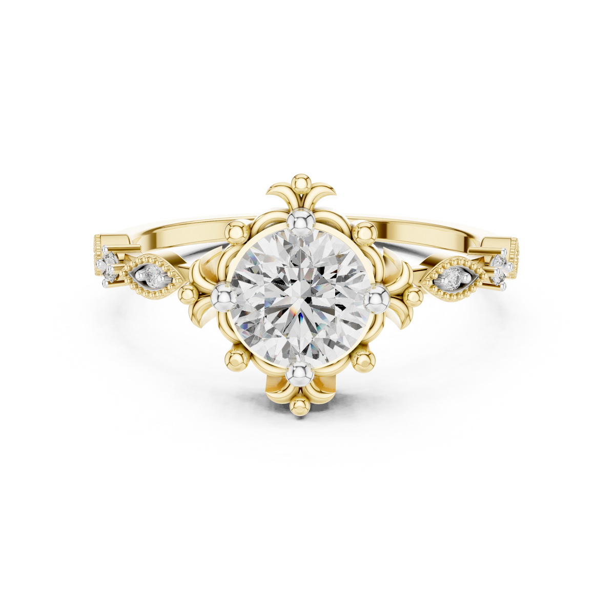 Vintage Inspired Round Cut Diamond Ring with Milgrain Marquise Band