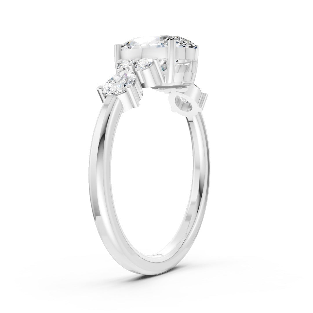 Oval Cut Lab Diamond Engagement Ring With Side Pear And Round Accent