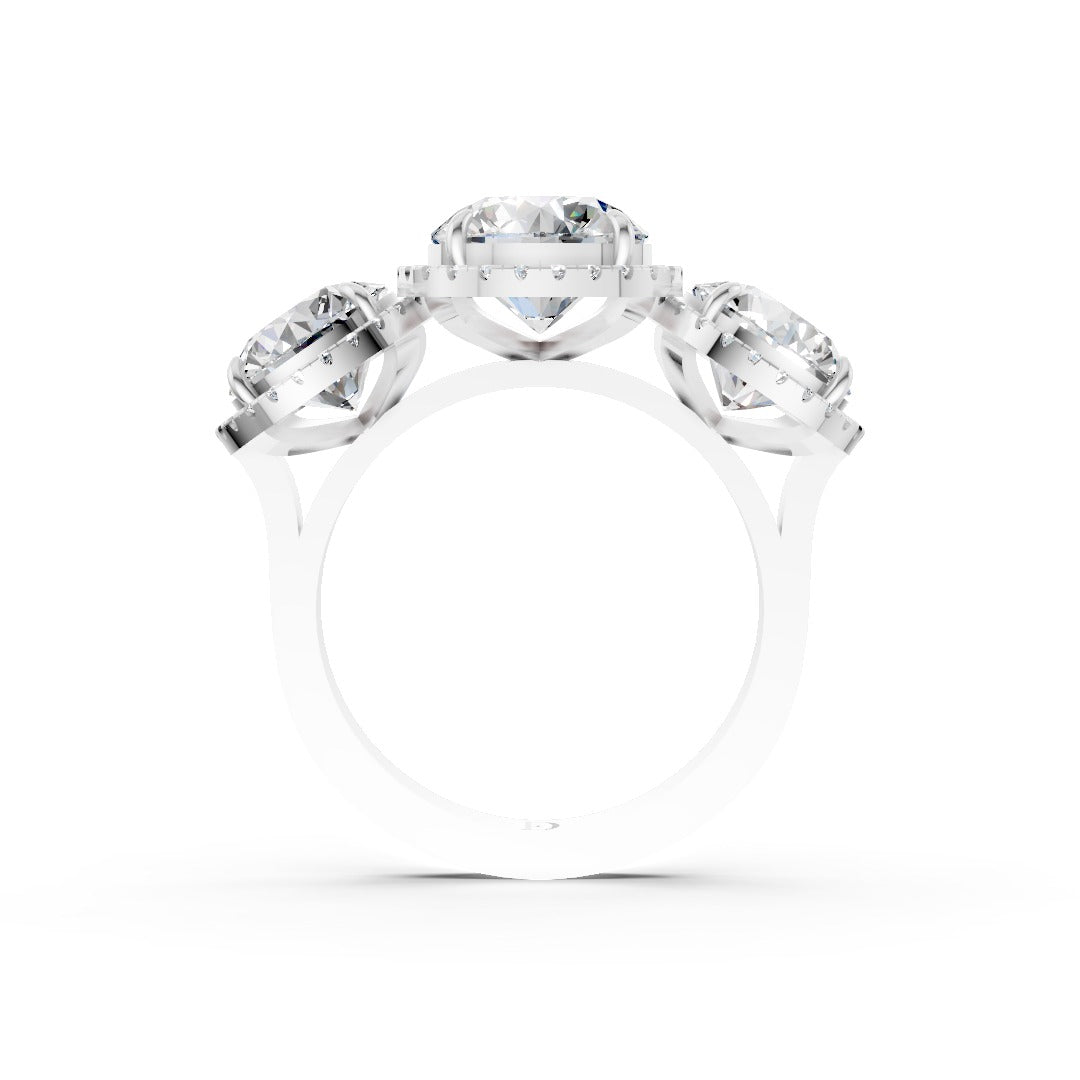 Three Stone Round Cut Diamond Halo Engagement  Ring