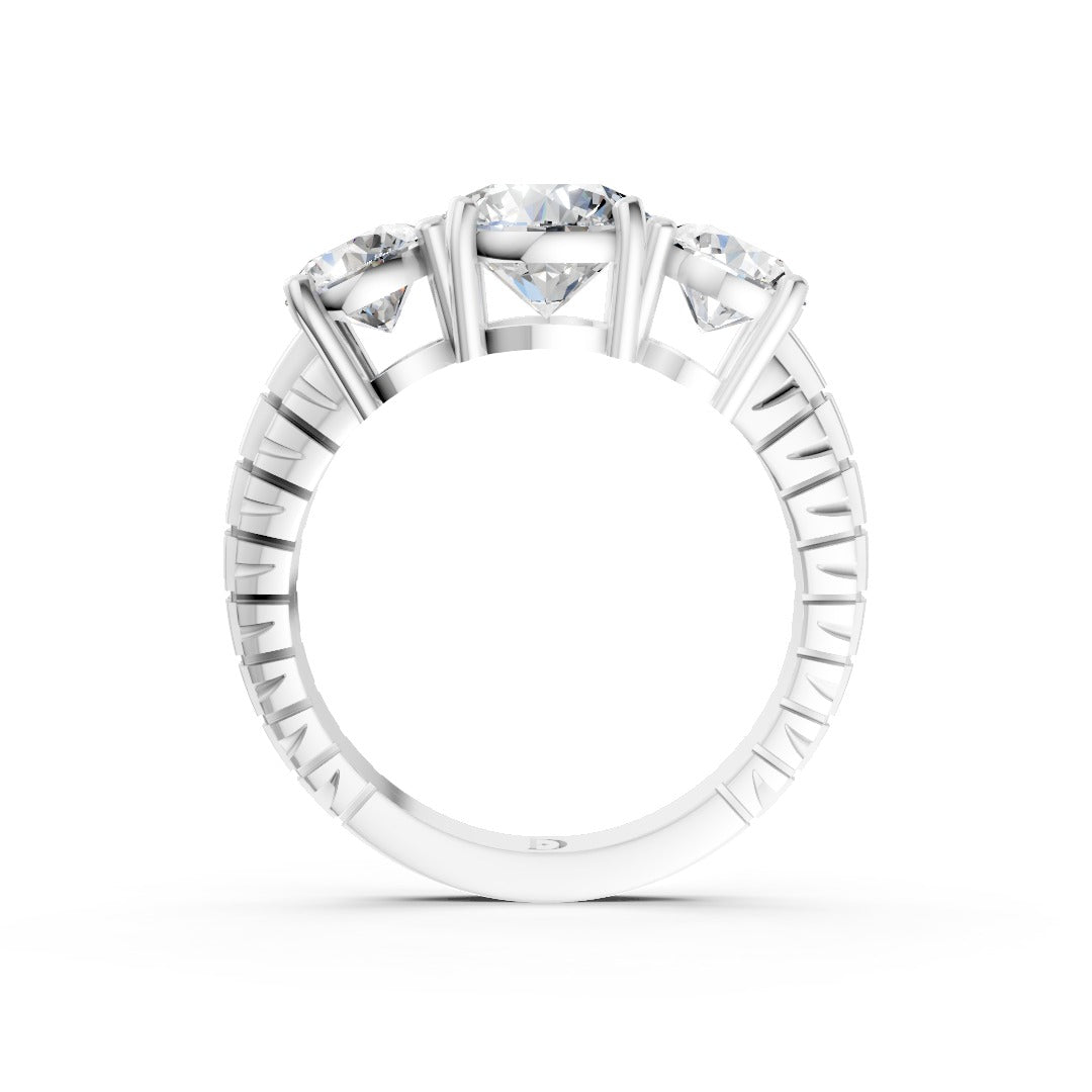 Round Cut Three-Stone With Ribbed Textured Band Ring