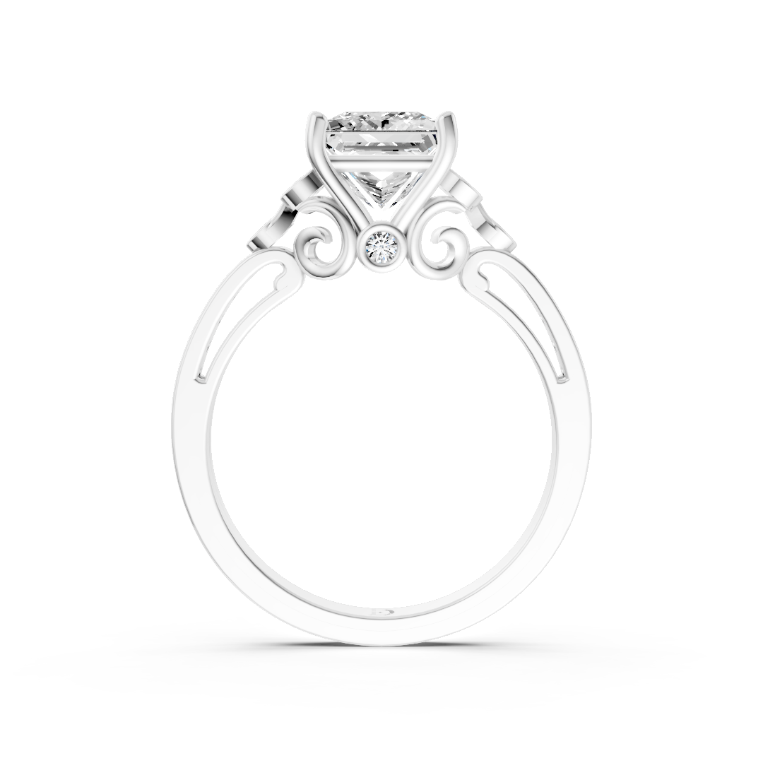 Princess Cut Diamond With Bezel Cluster & Scroll Gallery Ring
