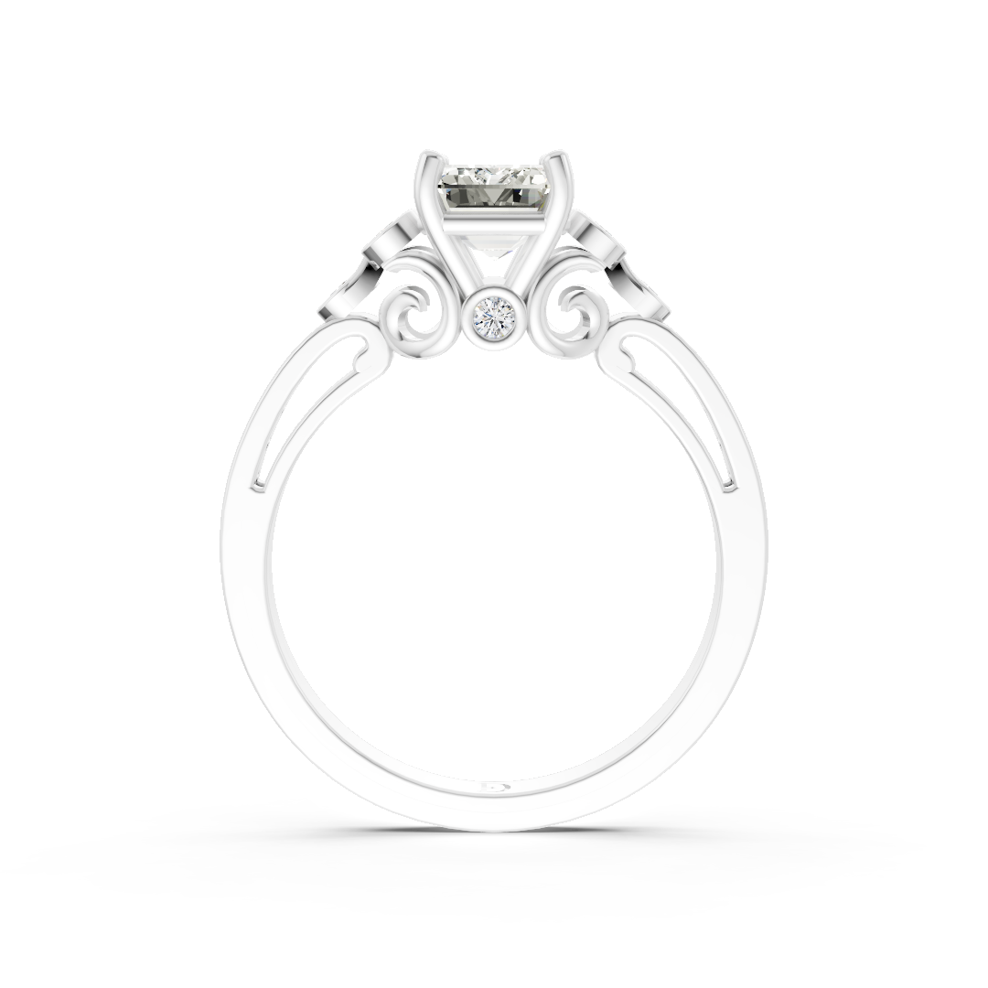 Emerald Cut Diamond With Bezel Cluster & Scroll Gallery Ring