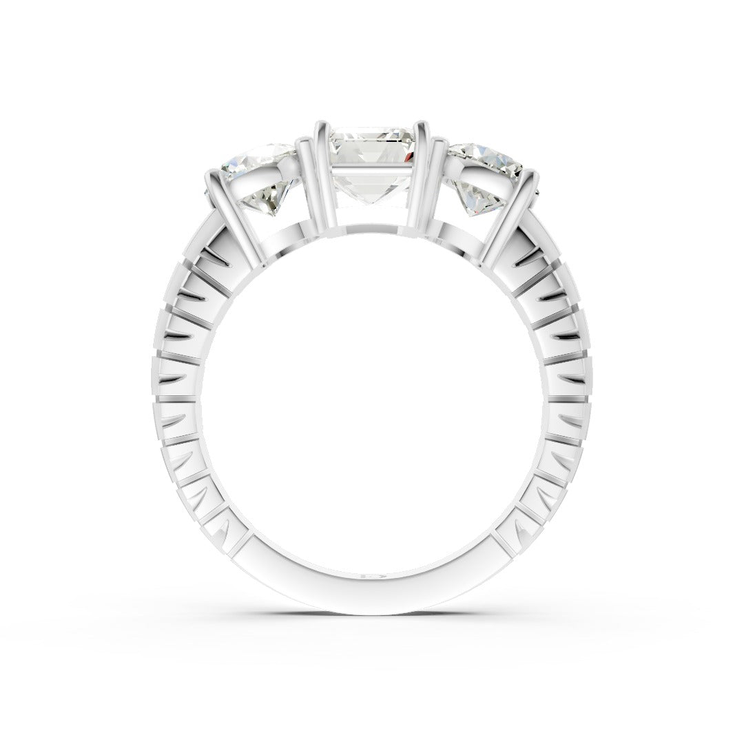 Emerald Cut Three-Stone With Ribbed Textured Band Ring
