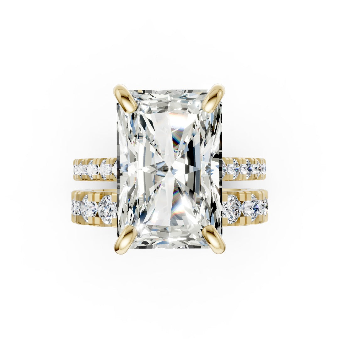 Radiant Cut Hidden Halo Double Row Diamond Bridal Set