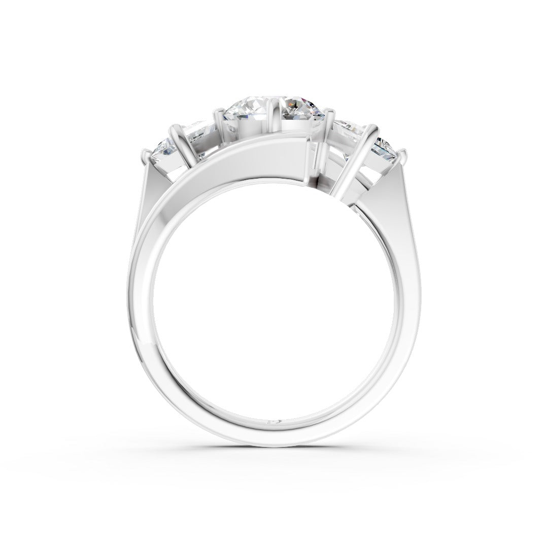 Round and Princess Cut Diamond Three-Stone Bypass Ring