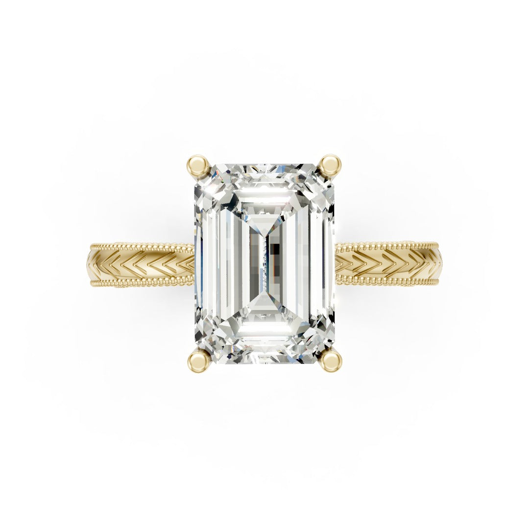Emerald Cut Diamond Engagement Ring with Leaf Engraved Band