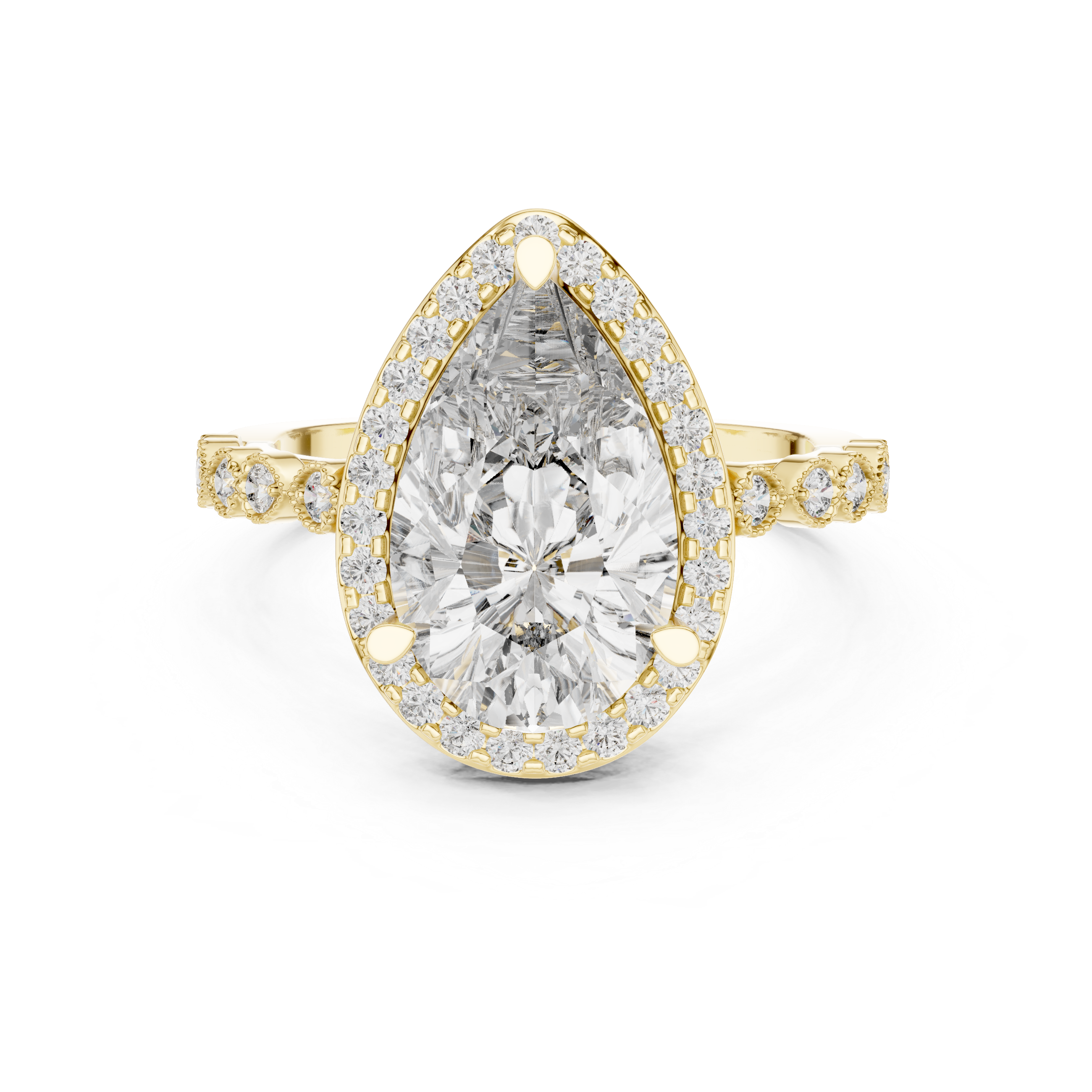 Pear Diamond Halo Ring with Milgrain Pear Station Band