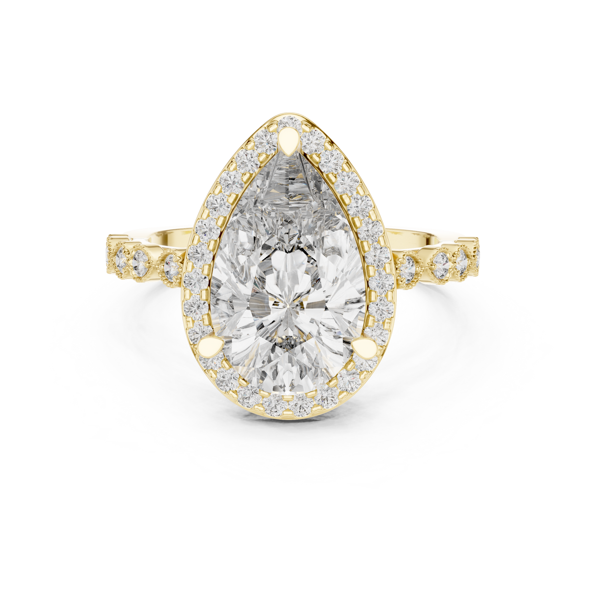 Pear Diamond Halo Ring with Milgrain Pear Station Band