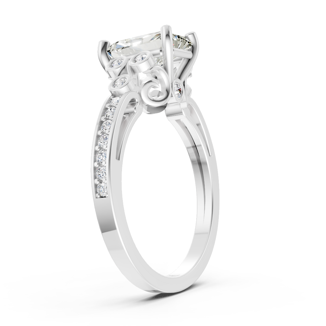 Radiant Cut Diamond With Bezel Cluster & Scroll Gallery Ring