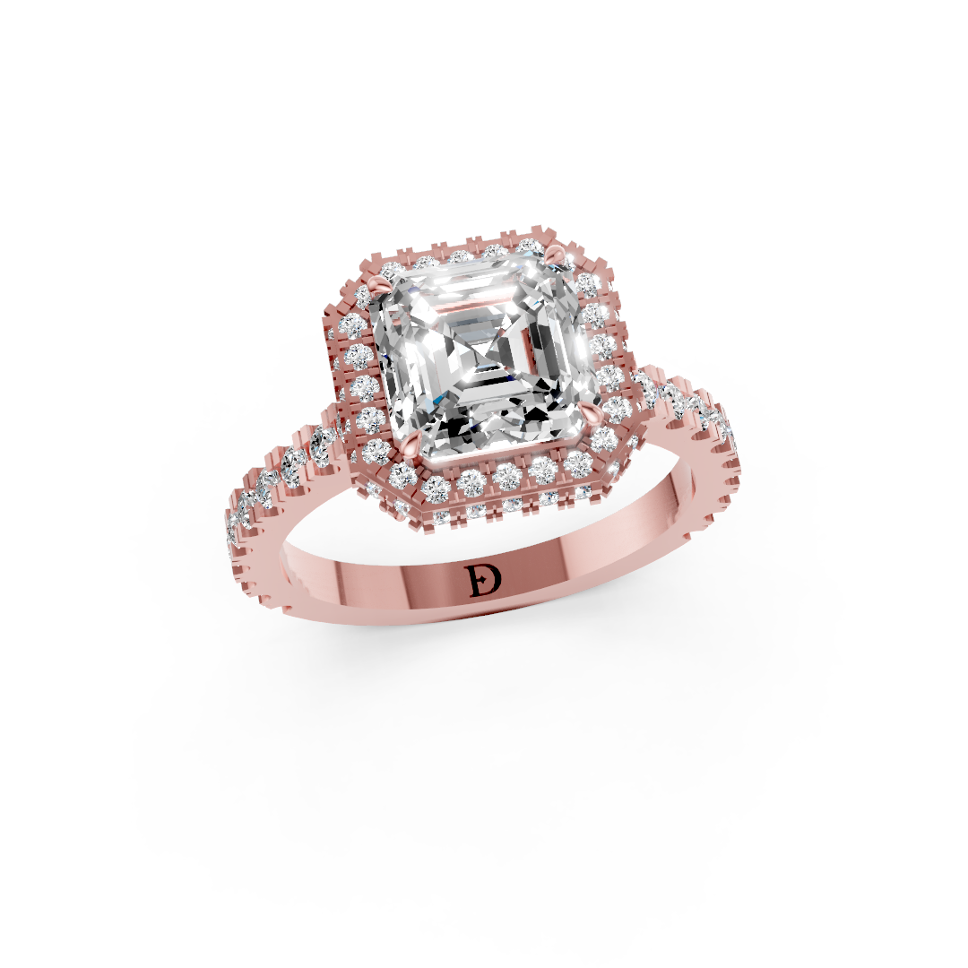 Asscher Diamond Halo Pave Set Ring