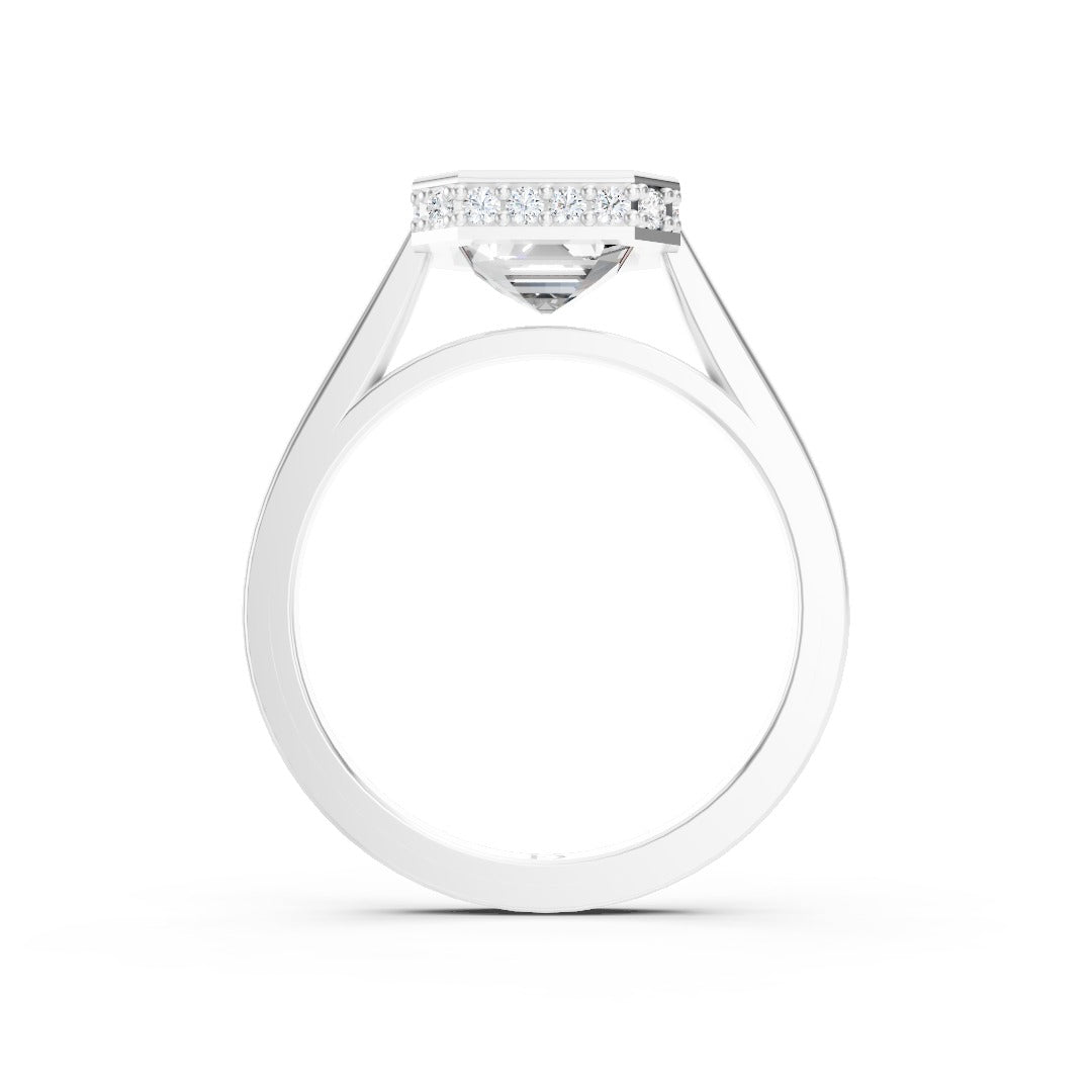 Bezel Set Asscher Brilliant Solitaire Diamond Hidden Halo Engagement Ring