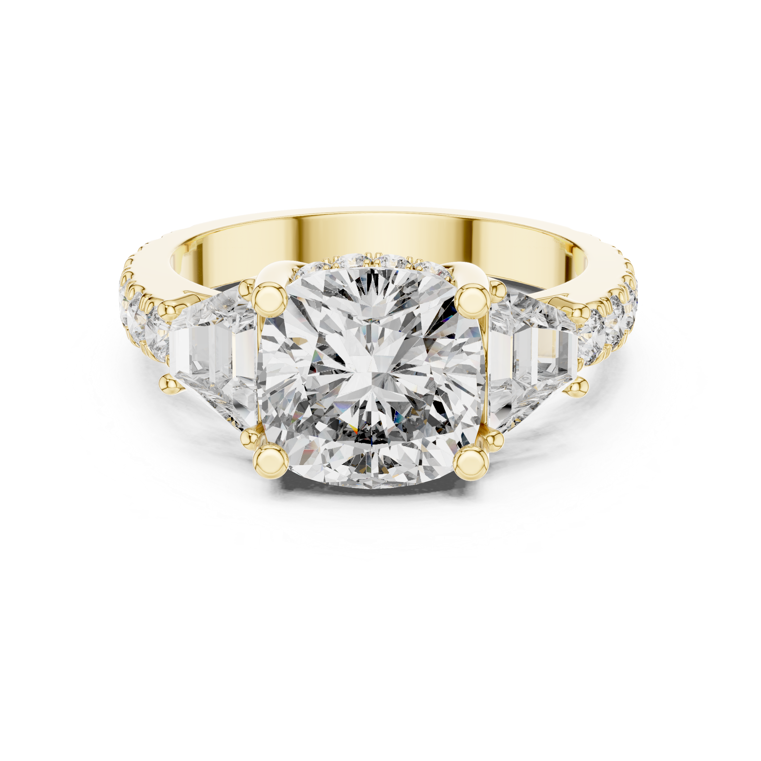 Three Stone Cushion Diamond Ring With Pave Band