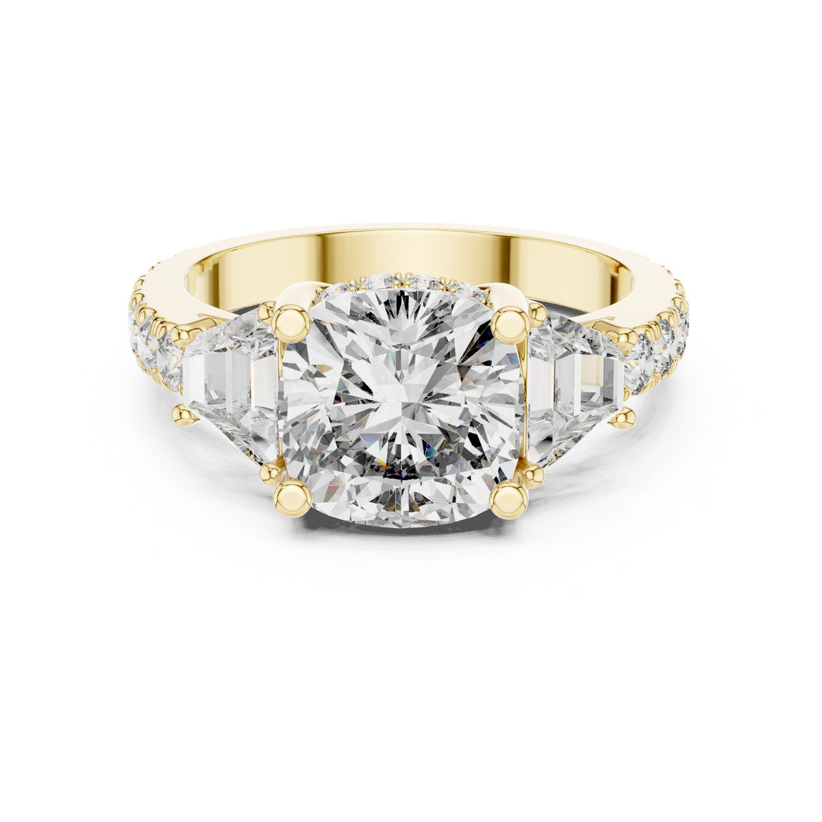Three Stone Cushion Diamond Ring With Pave Band