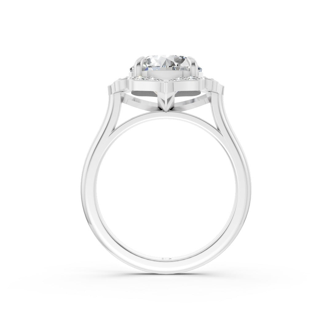 Round Cut Diamond Floral Halo Cathedral Shank Ring