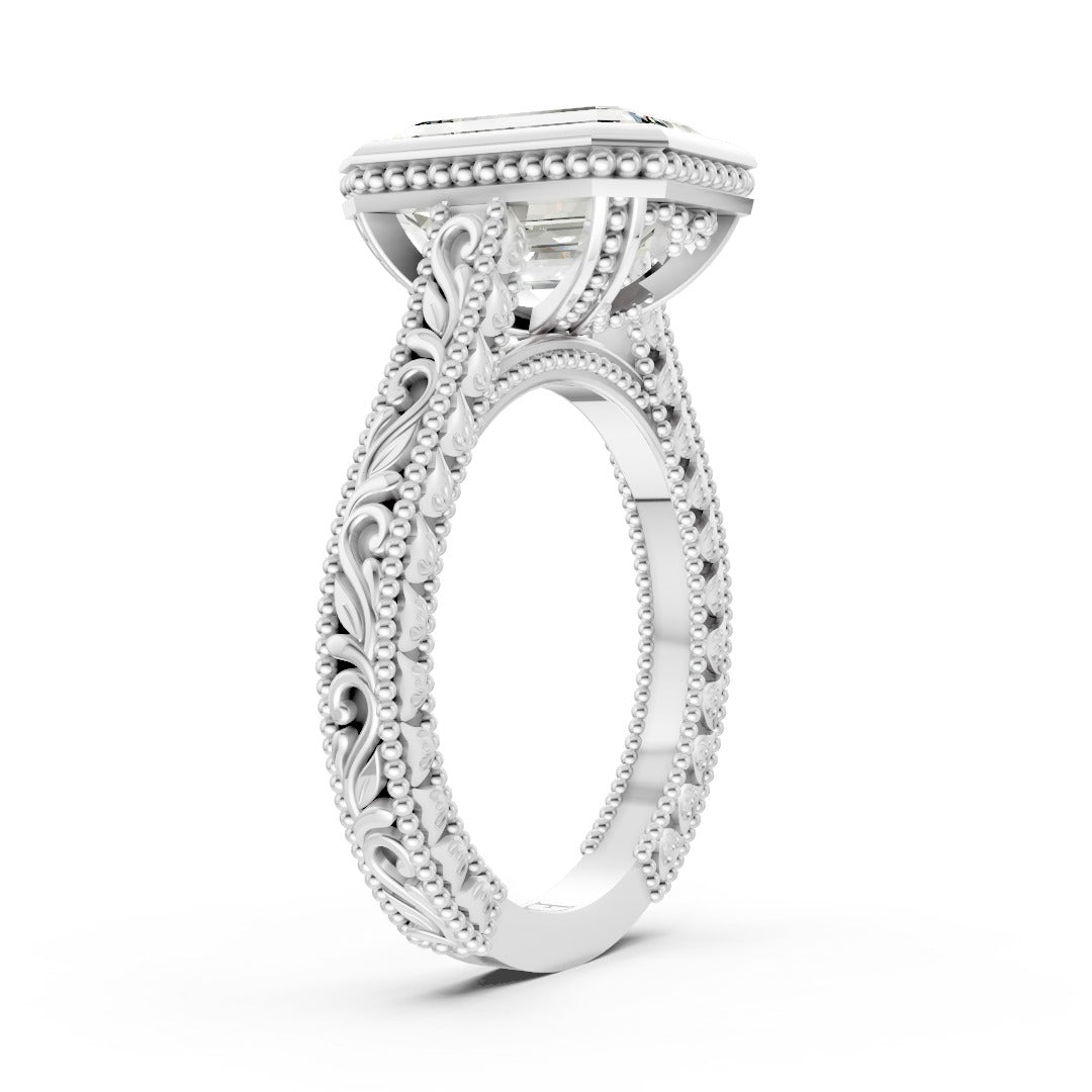 Emerald Cut Bezel Set Filigree Engagement Ring