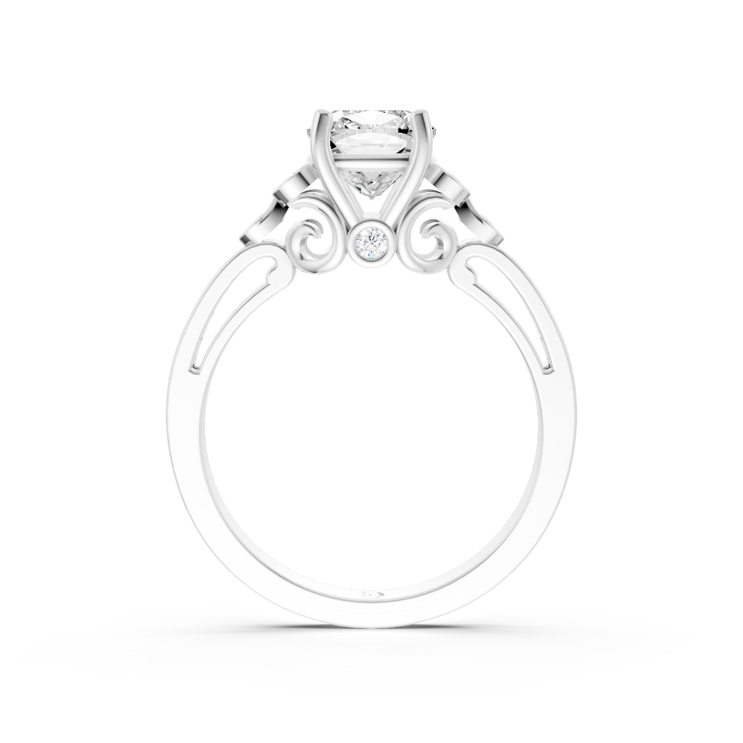 Cushion Cut Diamond With Bezel Cluster & Scroll Gallery Ring