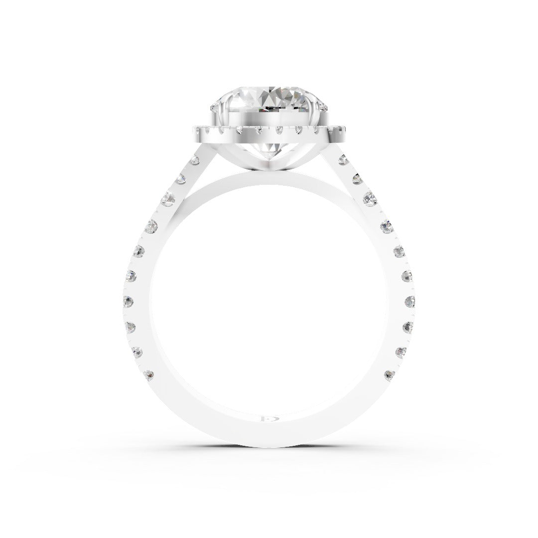 Round Cut Halo & V-Split Shank Pavé Diamond Ring
