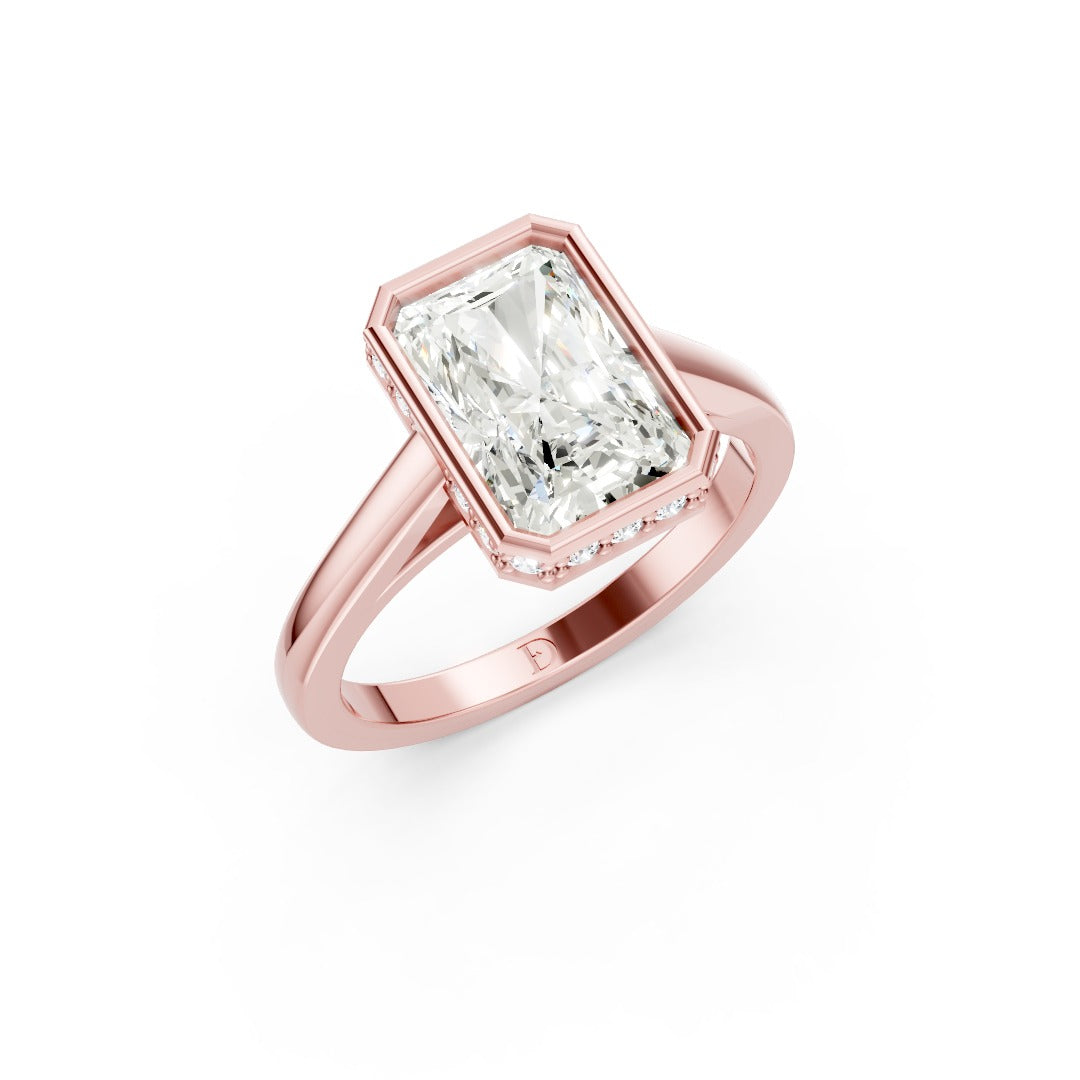 Bezel Set Radiant Brilliant Solitaire Diamond Hidden Halo Engagement Ring