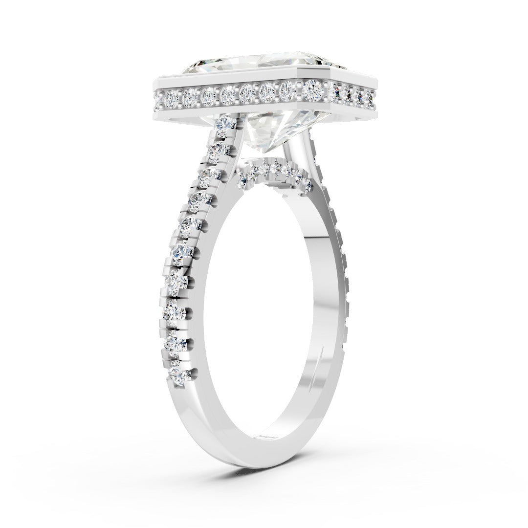 Radiant Brilliant Diamond Bezel Engagement Ring with Hidden Halo Diamond