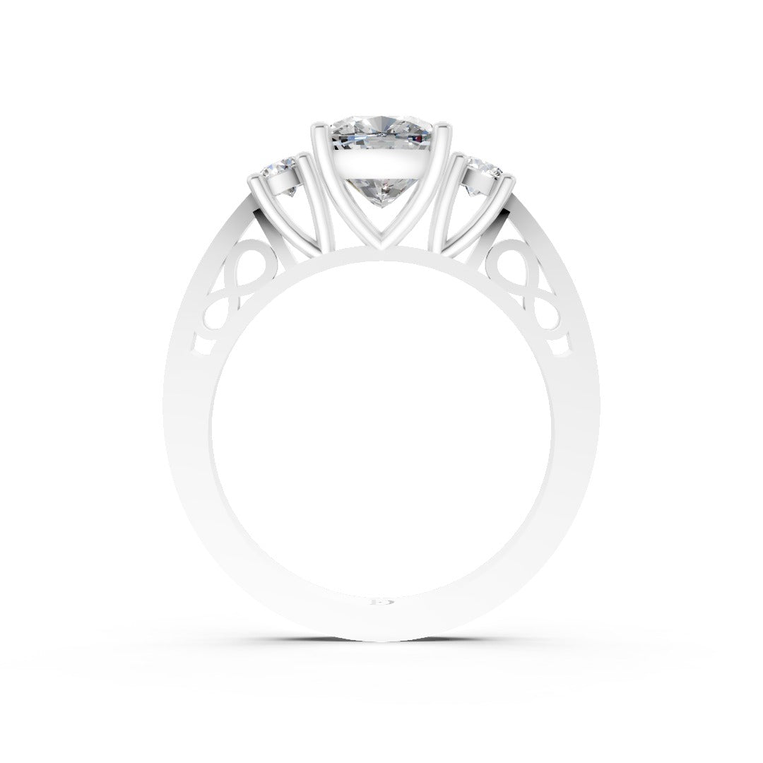 Three-Stone Cushion Cut Diamond With Filigree Infinity Band Ring