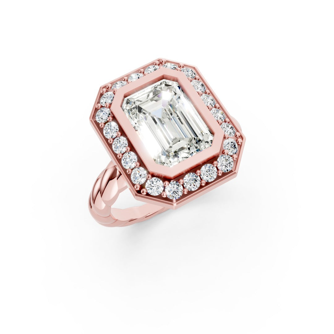 Vintage Emerald Cut Halo Twist Rope Shank Ring