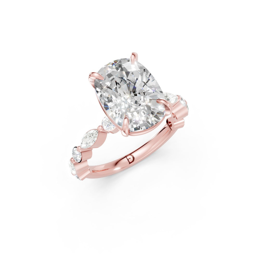 Elongated Cushion Lab Grown Diamond with Marquise & Round Side Stones Ring