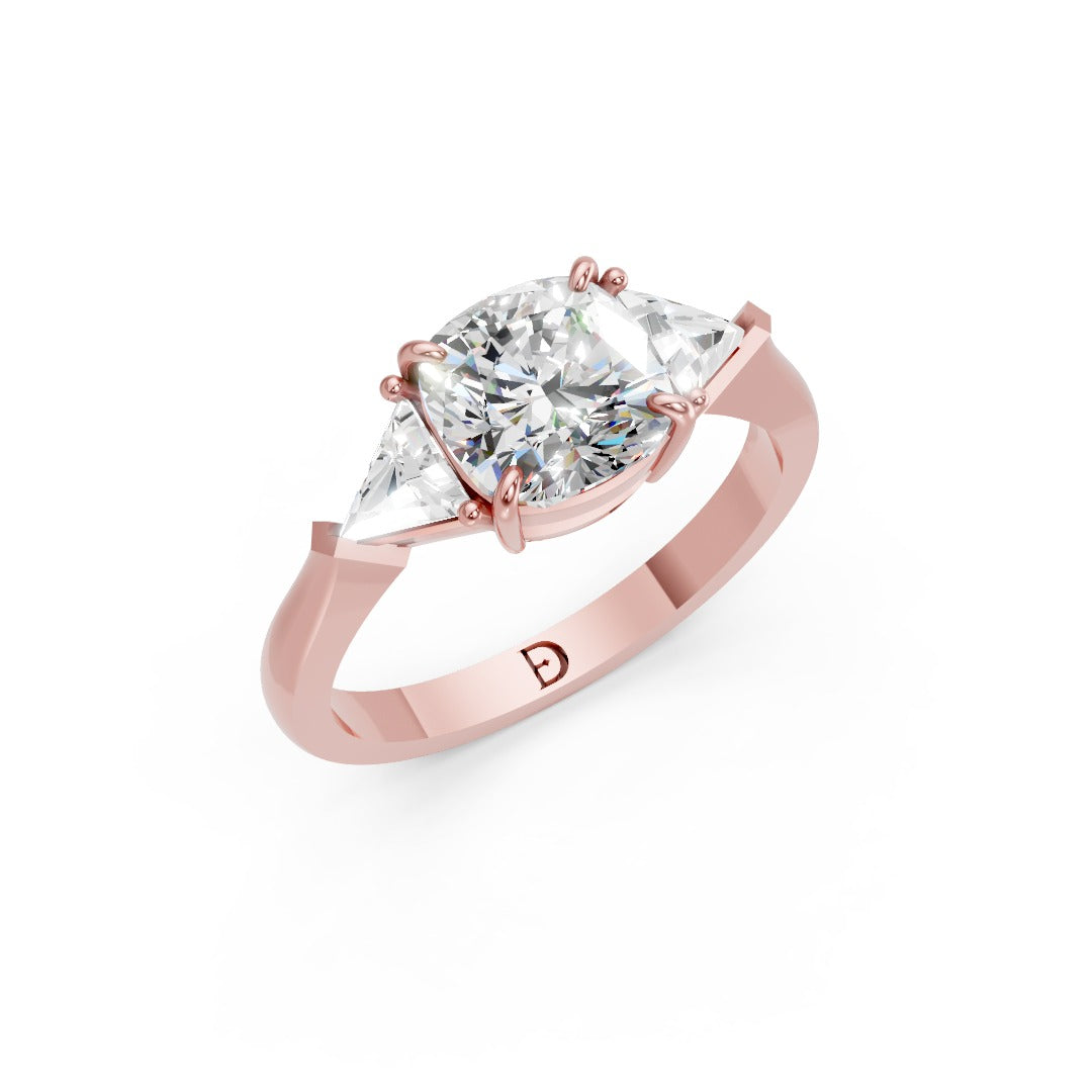 Cushion Cut Diamond Engagement Ring with Trillion Cut Side Stones