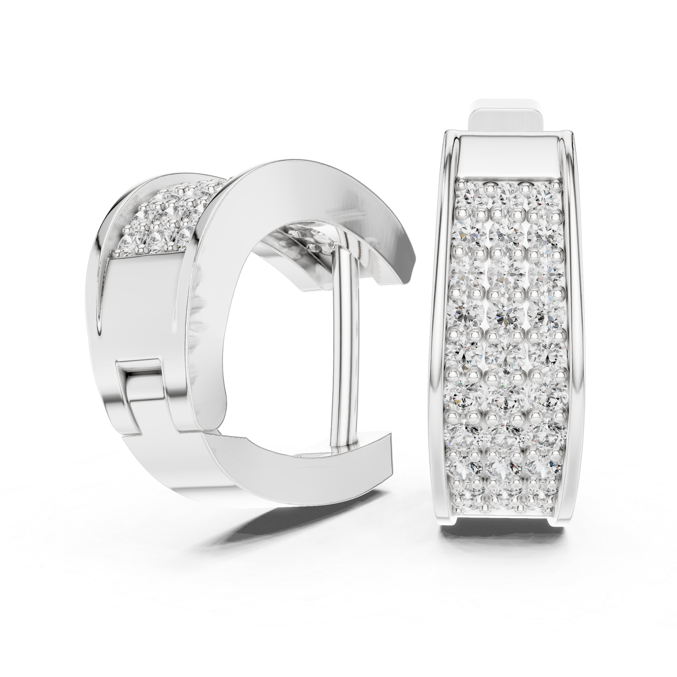 Triple Row Pave Diamond Huggie Hoop Earrings