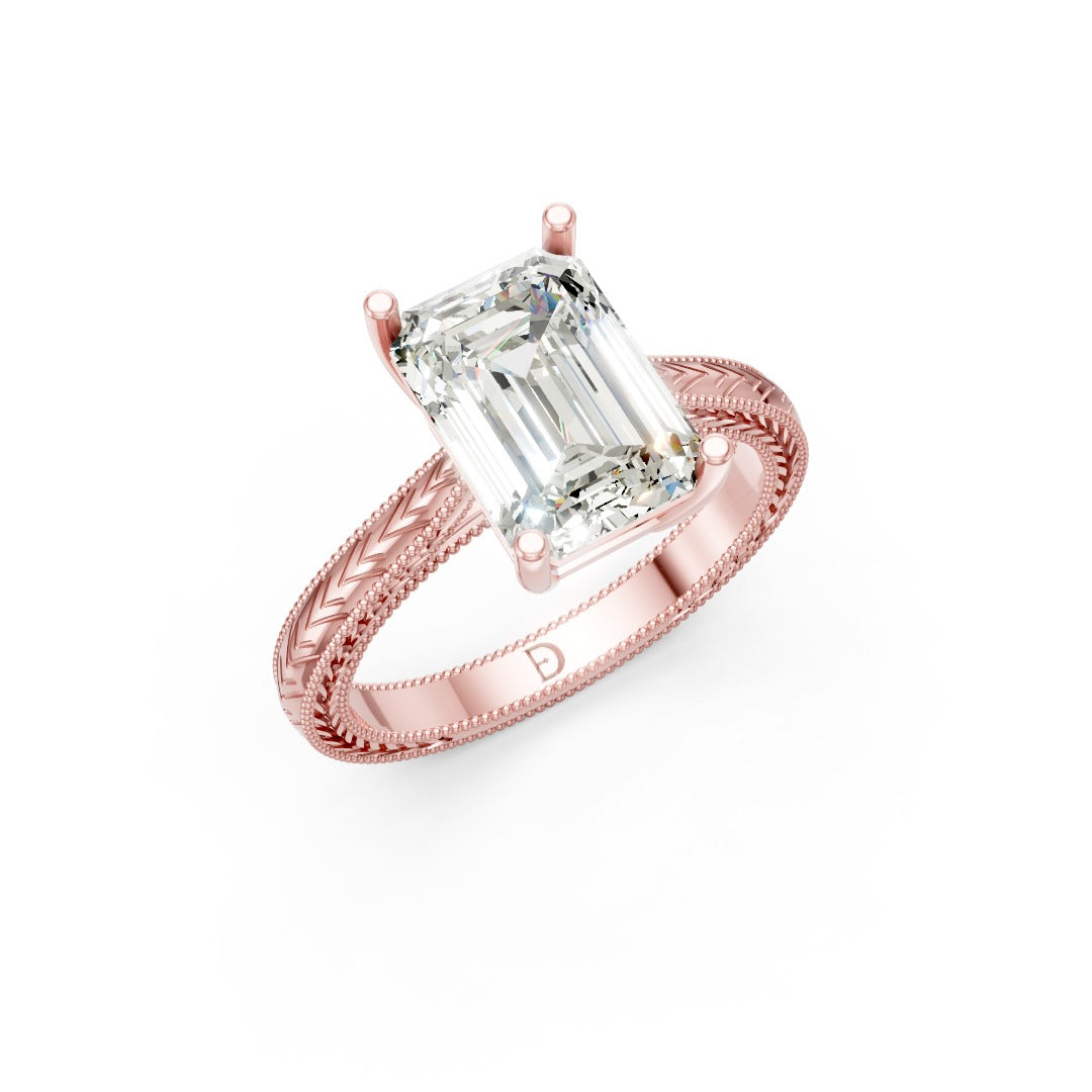 Emerald Cut Diamond Engagement Ring with Leaf Engraved Ring