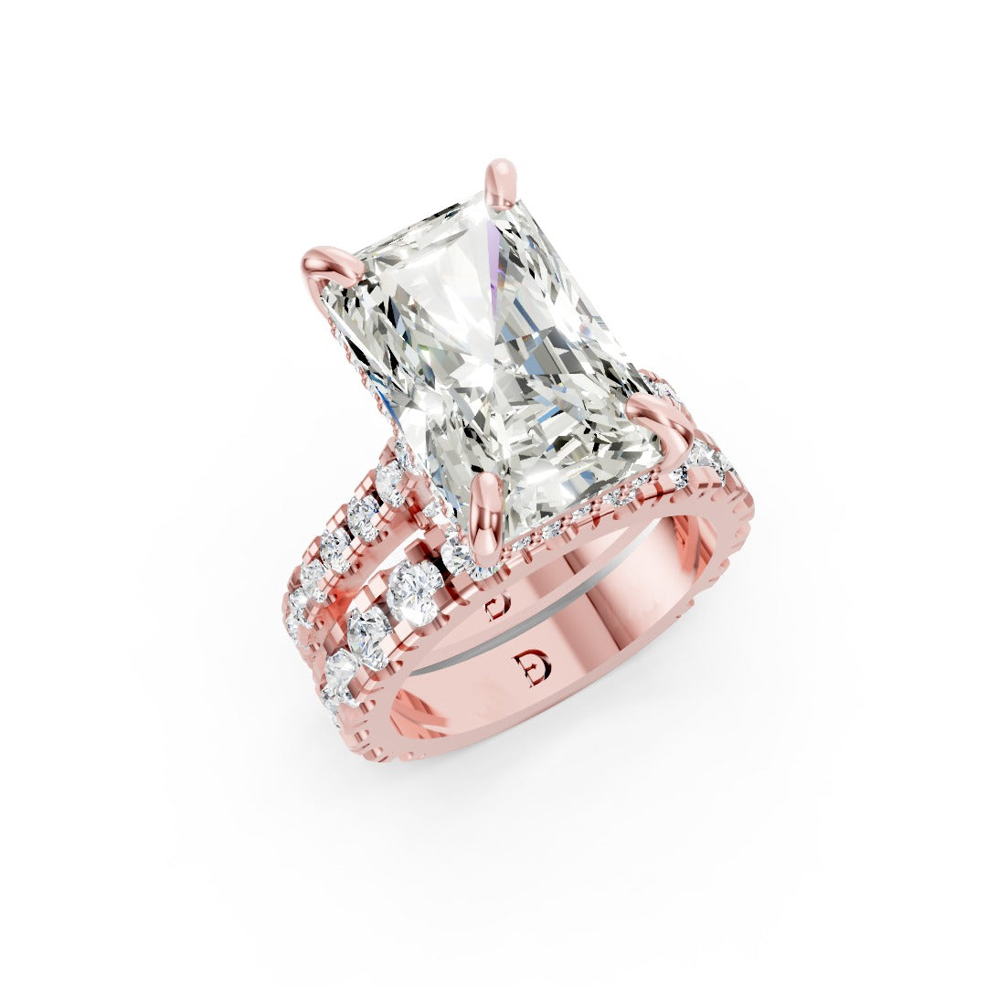 Radiant Cut Hidden Halo Double Row Diamond Bridal Set