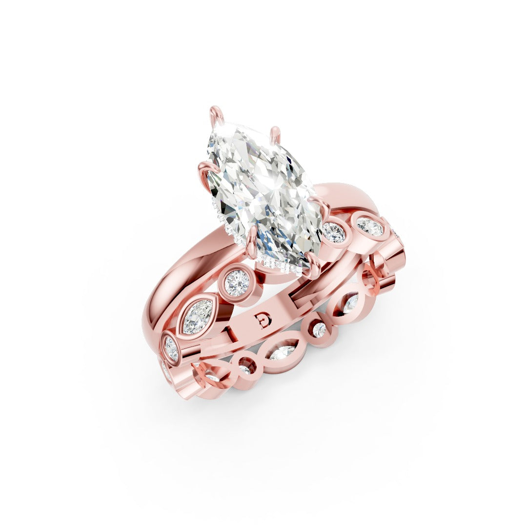 Marquise Cut Solitaire and Alternating Bezel Diamond Ring Set