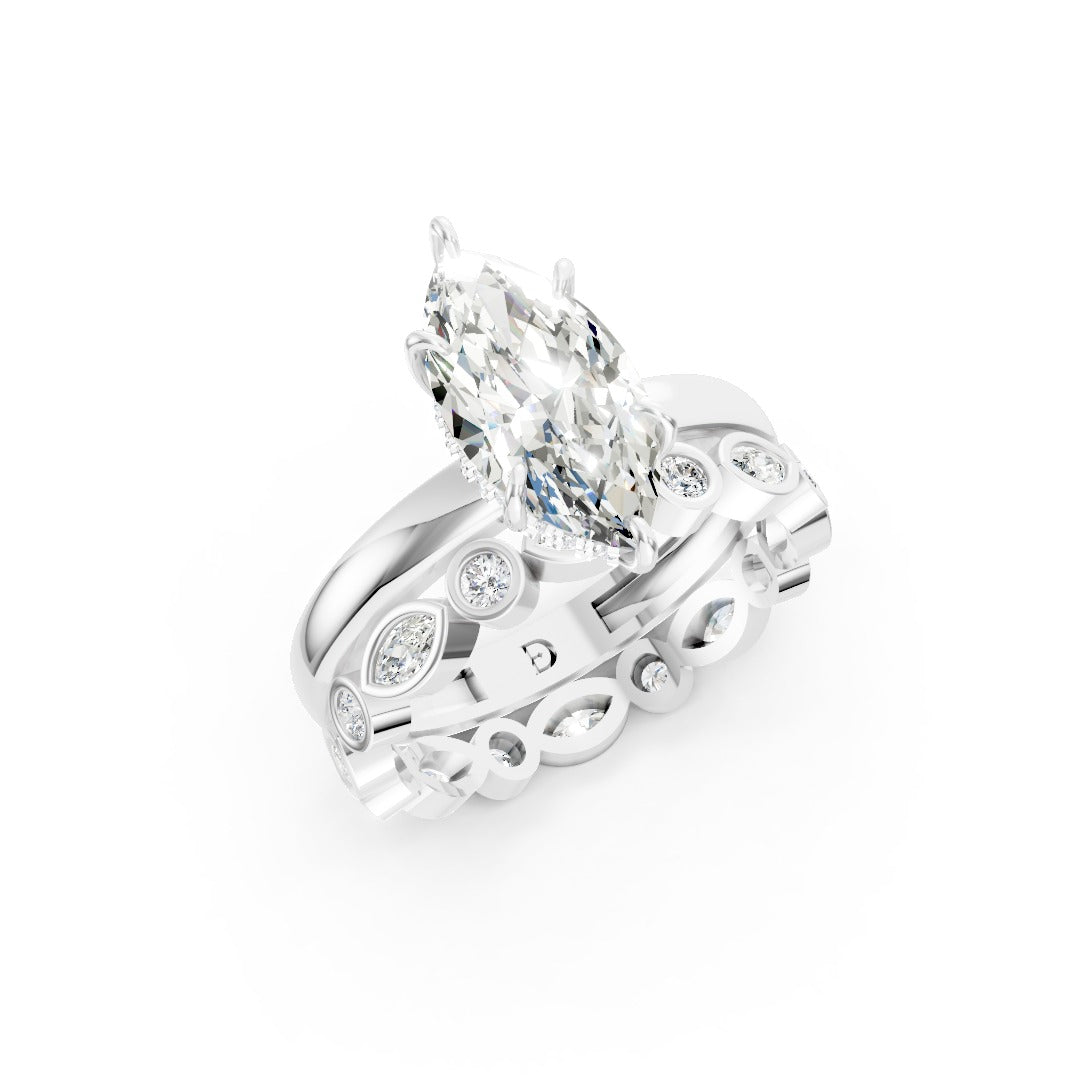 Marquise Cut Solitaire and Alternating Bezel Diamond Ring Set
