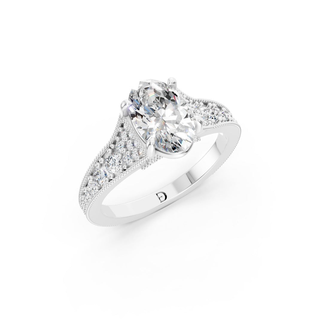 Oval Cut Lab Diamond Milgrain Cathedral Engagement Ring With Pave