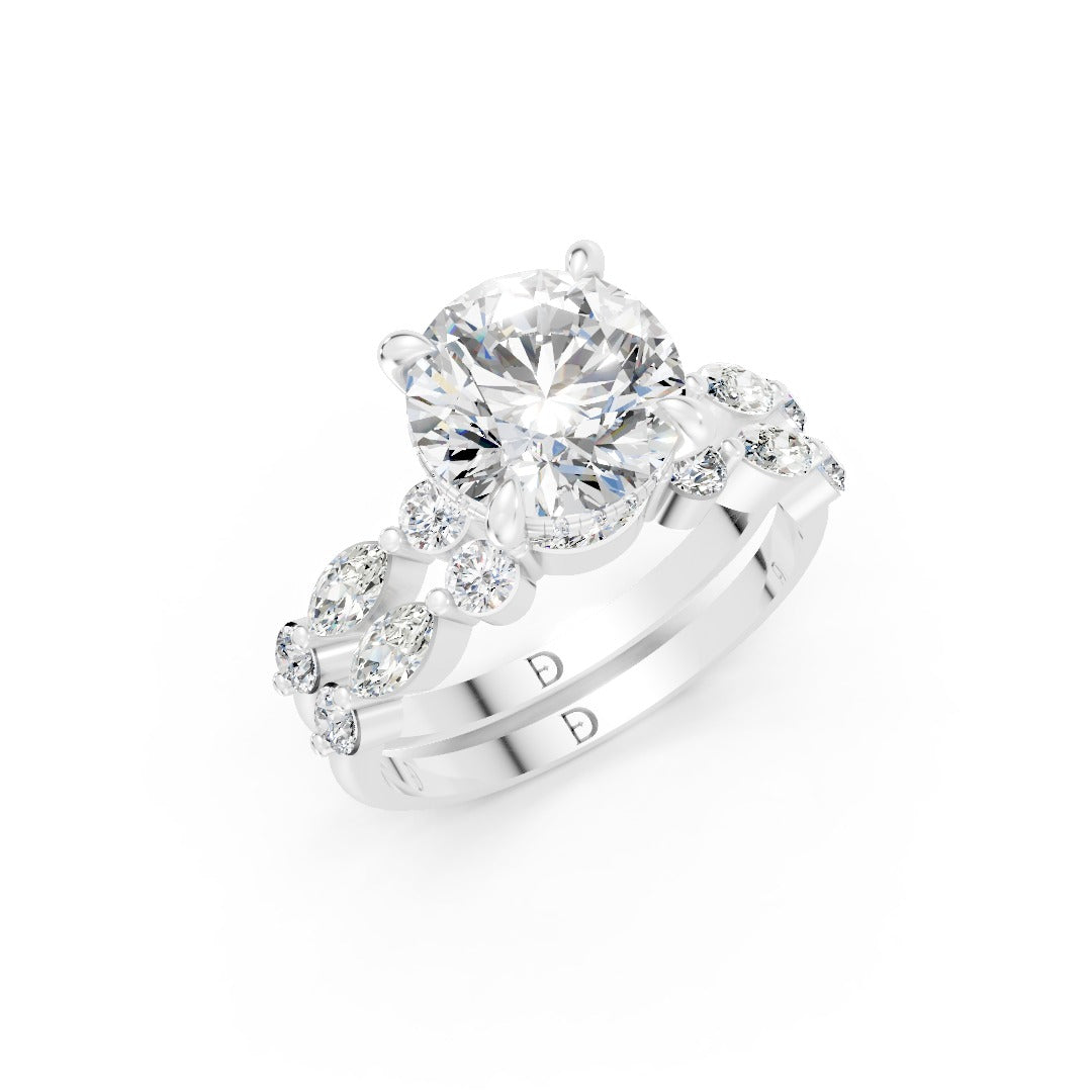 Round Lab Diamond Marquise Accent Hidden Halo Bridal Ring Set