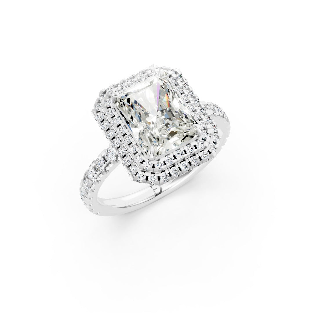 Radiant Cut Diamond with Double Halo Setting and Pave Engagement Ring